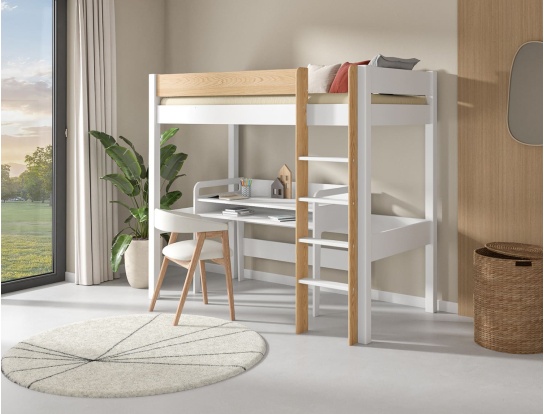Lit mezzanine Landes Blanc et Bois avec le bureau Féroé en option.