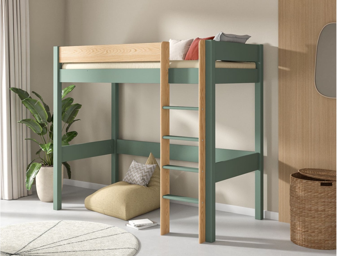 Loft bed Landes Khaki and Wood for children and teenagers