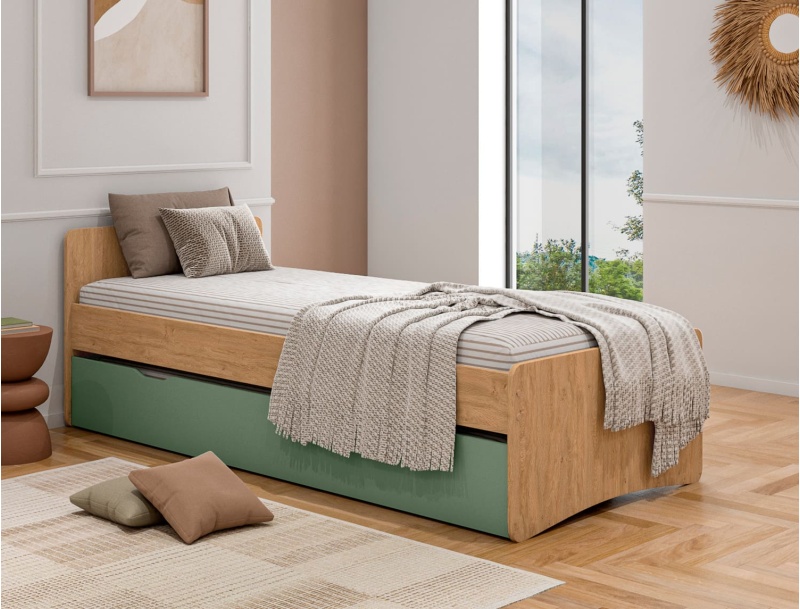 Bed 90x200 Lena Eiken met zijn opberglade Groen