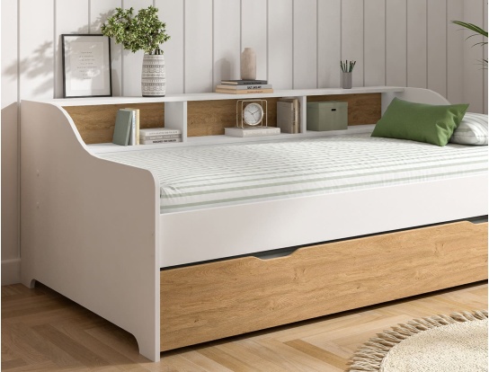 Close-up bedbank Achille Wit met lade Eiken