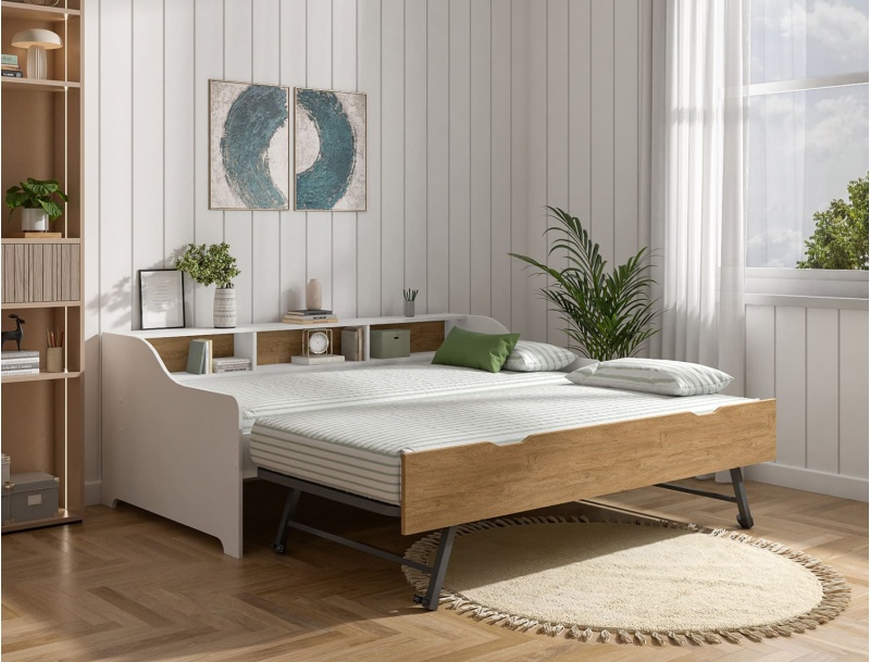 Bedbank Achille Wit met uitschuiflade 90x200 Eiken