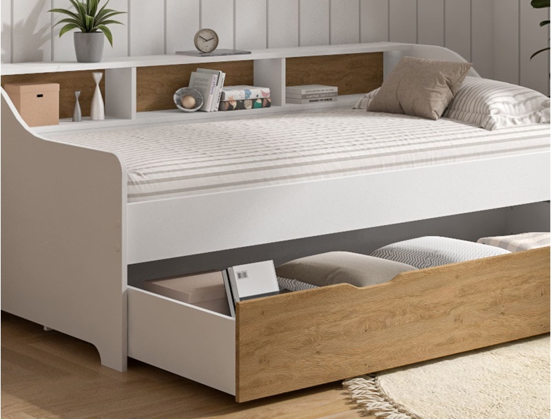 Close-up of the Achille White daybed with Oak storage drawer
