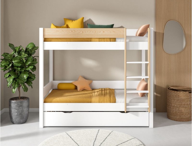 White & solid Landes wood bunk bed with drawer option