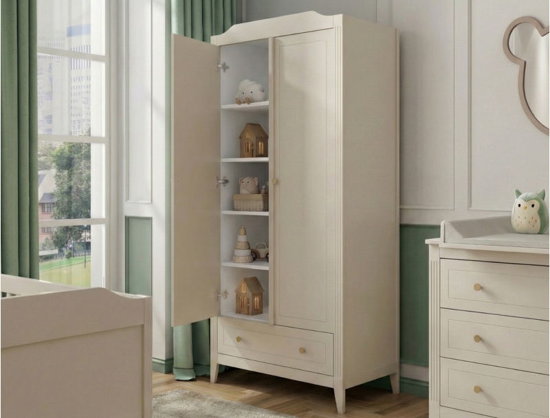Armoire 2 portes avec nombreuses étagères et penderie Héritage Crème