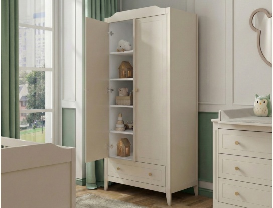 Armario 2 puertas con numerosos estantes y barra para ropa Héritage Crema