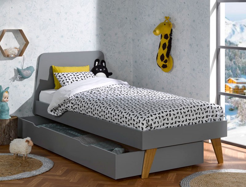 Schublade des Kinderbetts Origine Flanellgrau 90x200. Entdecken Sie das Bloom-Bett auf unserer Website.