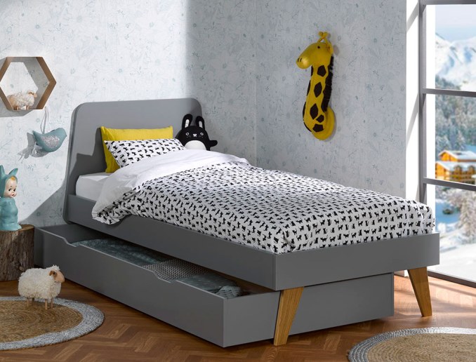 Schublade des Kinderbetts Origine Flanellgrau 90x200. Entdecken Sie das Bloom-Bett auf unserer Website.